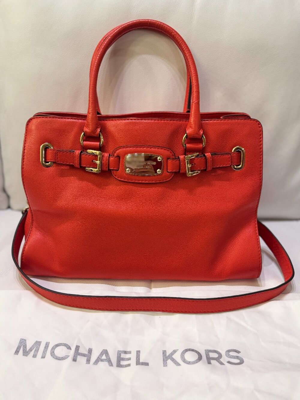 Michael Kors Hamilton Satchel Orange Red Leather Gold Hardware